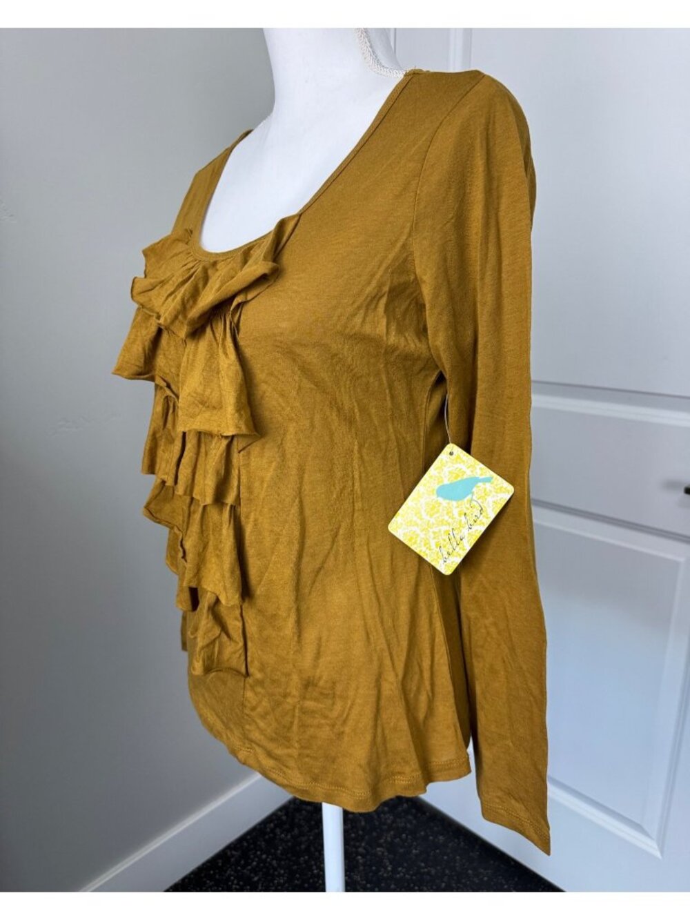 Bella Bird Womens M Mustard Yellow Ruffle Zig Zag Office Casual Retro - Picture 8 of 12